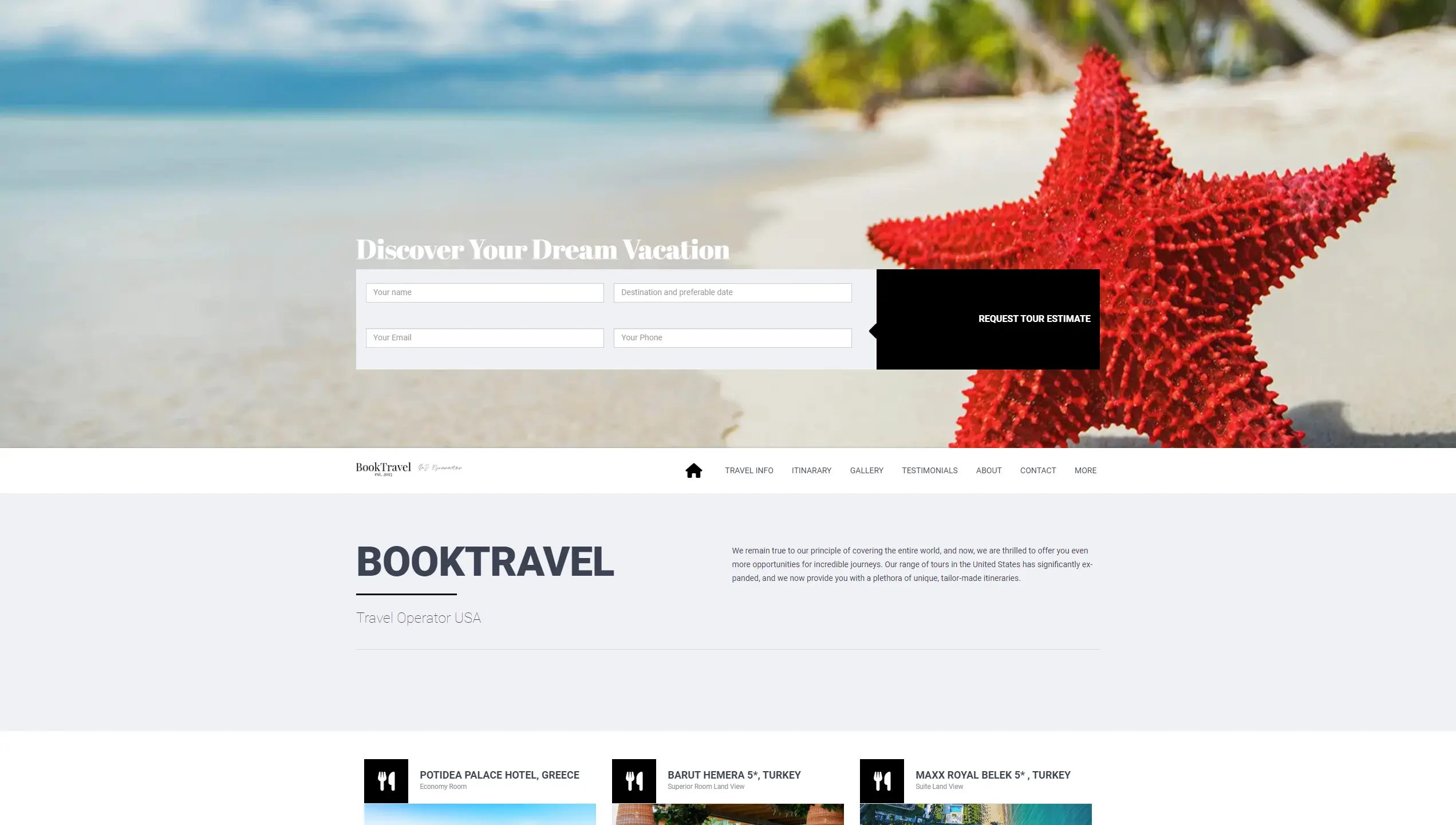 Homepage of BookTravel.world featuring a modern design with a focus on global travel destinations including Greece, Turkey, Mexico, and the Maldives, inviting users to explore unique and tailor-made itineraries