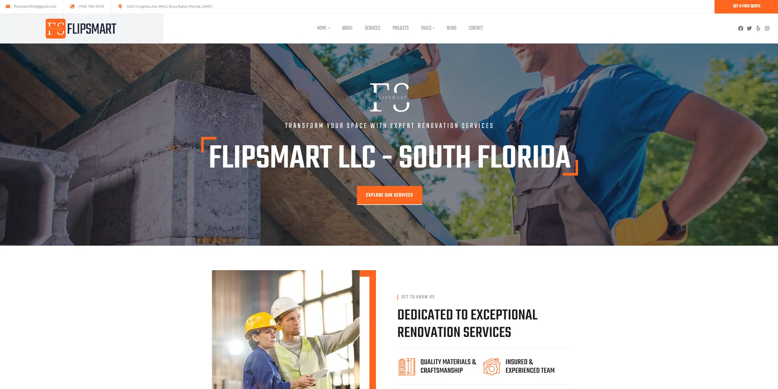 Screenshot of FlipSmart LLC's renovation and handyman services website showcasing a modern design, user-friendly interface, and comprehensive service offerings in South Florida